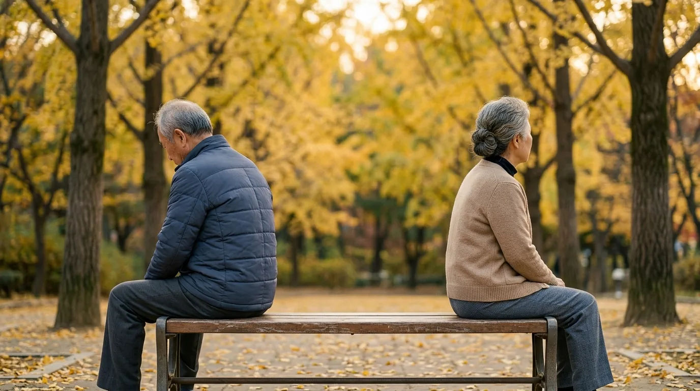 공원 벤치에 떨어져 앉은 노부부의 뒷모습(연출 사진)